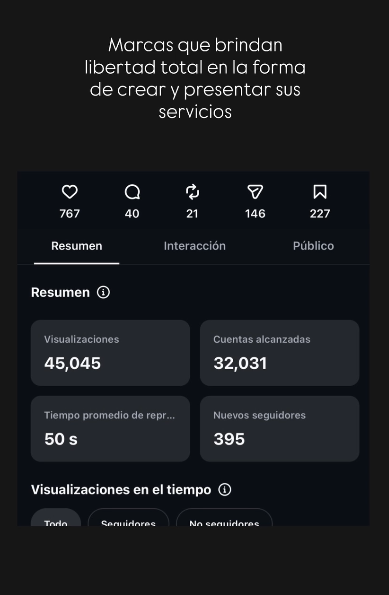 Captura de estadísticas de un contenido con 45,045 visualizaciones y 395 nuevos seguidores